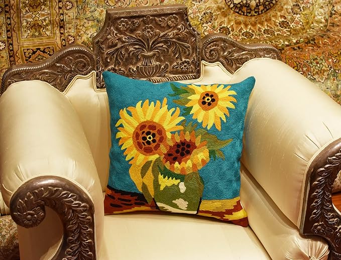 Turquoise Van Gogh Sunflower Pillow Cover Teal Floral Sofa Pillowcase Flower - Image 2