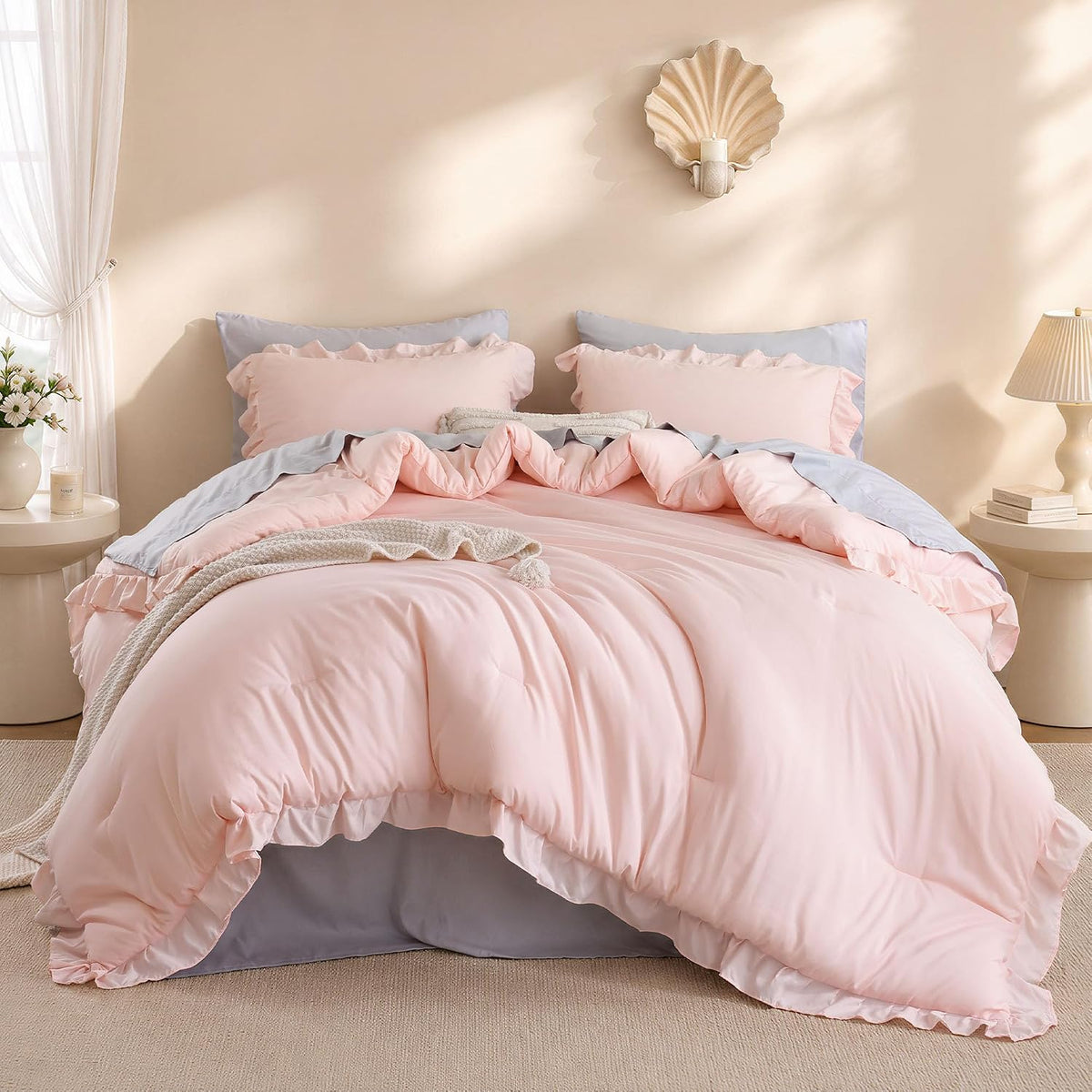 janzaa blush pink comforter set queen, ruffle soft, main product view