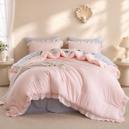 janzaa blush pink comforter set queen, ruffle soft, main product view
