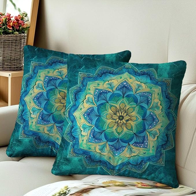 Mandala Flower Throw Pillow Covers 18x18 Set of 2 | Teal Bohemian Decorative - Image 3