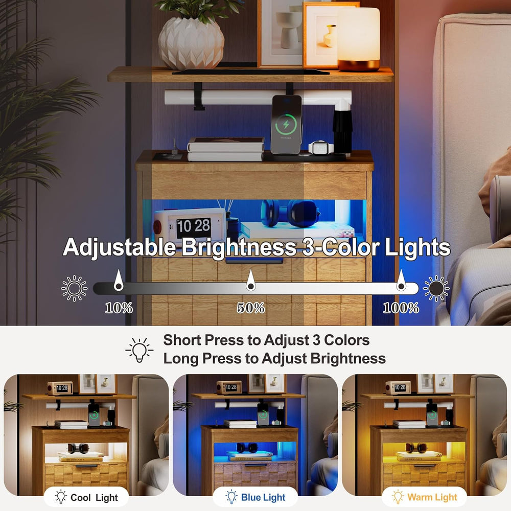 Lareth Rolling Nightstand with Wheels, LED Lights, Charging Station