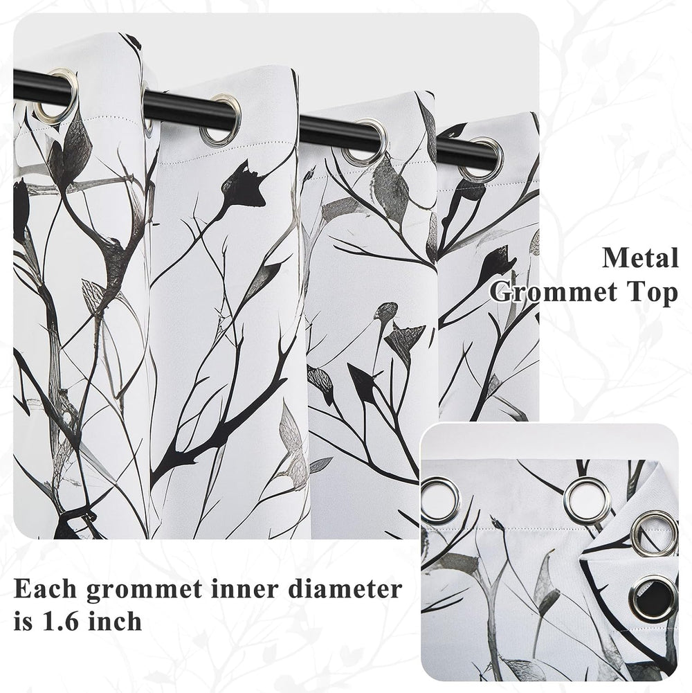 Grey Watercolor Branchs Room Darkening Curtains 63 Inches Length Black White ...