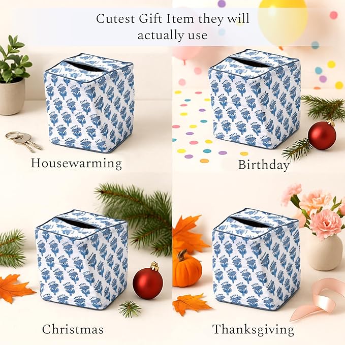 CPC Apatite Blue Hand Block Printed Cotton Tissue Box Cover 5" x 5" x 5.5" - Image 5