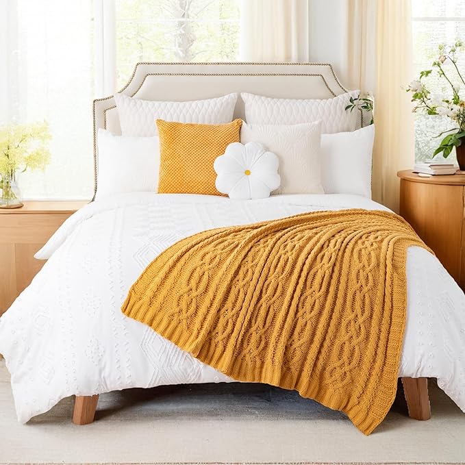 Battilo Mustard Yellow Throw Blanket 51"x67" Chenille Knitted Throw Blanket - Image 8