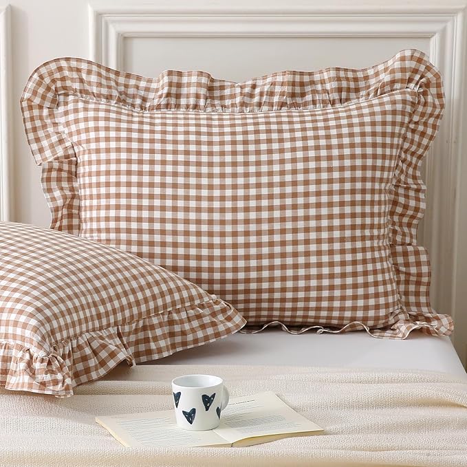 Aryeleay 2 Pack Khaki White Plaid Gingham Ruffle Pillow Shams Standard Size by Aryeleay