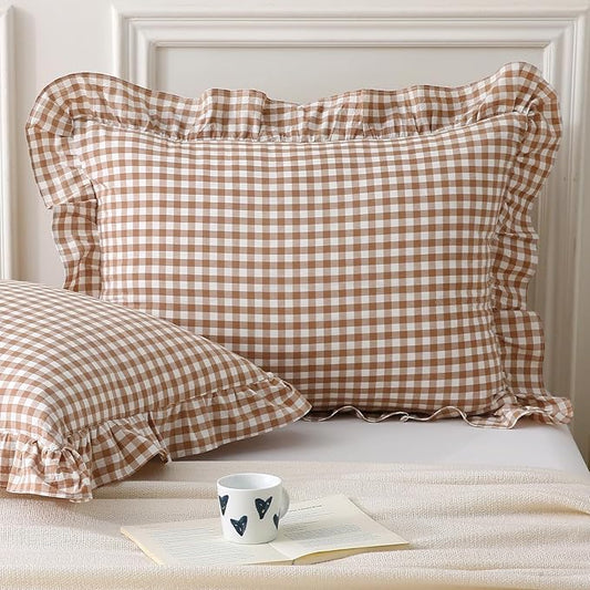 Aryeleay 2 Pack Khaki White Plaid Gingham Ruffle Pillow Shams Standard Size by Aryeleay