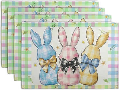 Easter Bunny Placemats Set of 4 Green Blue Pink Yellow Buffalo Plaid Rabbits by Wnoesat