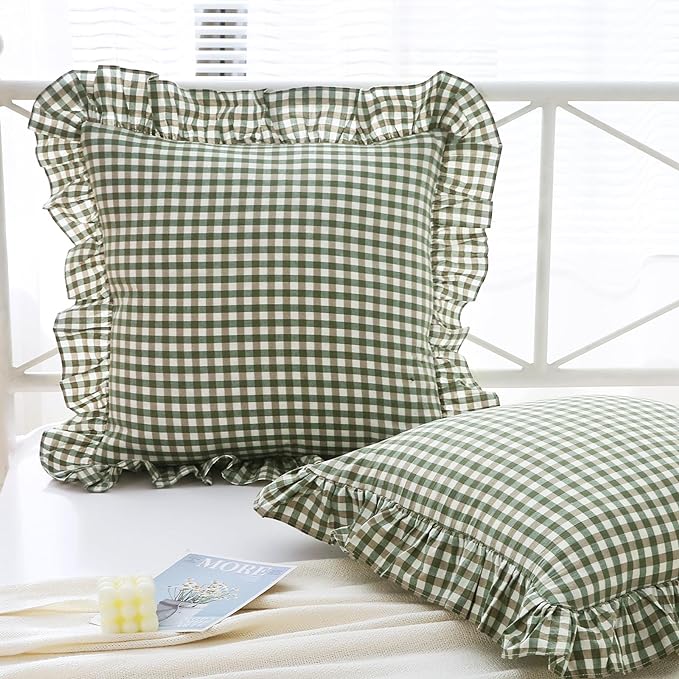 Sage Green Plaid Ruffle Decorative Throw Pillow Covers by Mywinlle