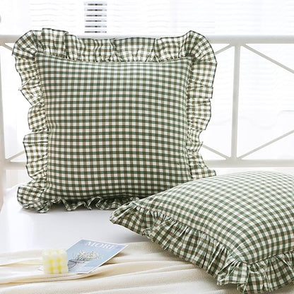 Sage Green Plaid Ruffle Throw Pillow Covers by Mywinlle