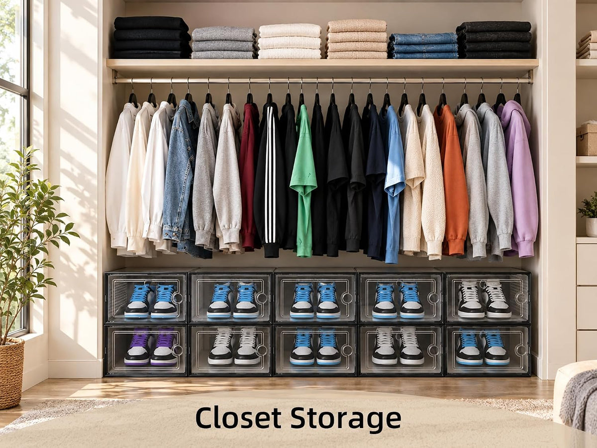 kuject x-large shoe storage boxes 12 pack, clear shown in use