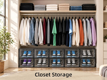 kuject x-large shoe storage boxes 12 pack, clear shown in use