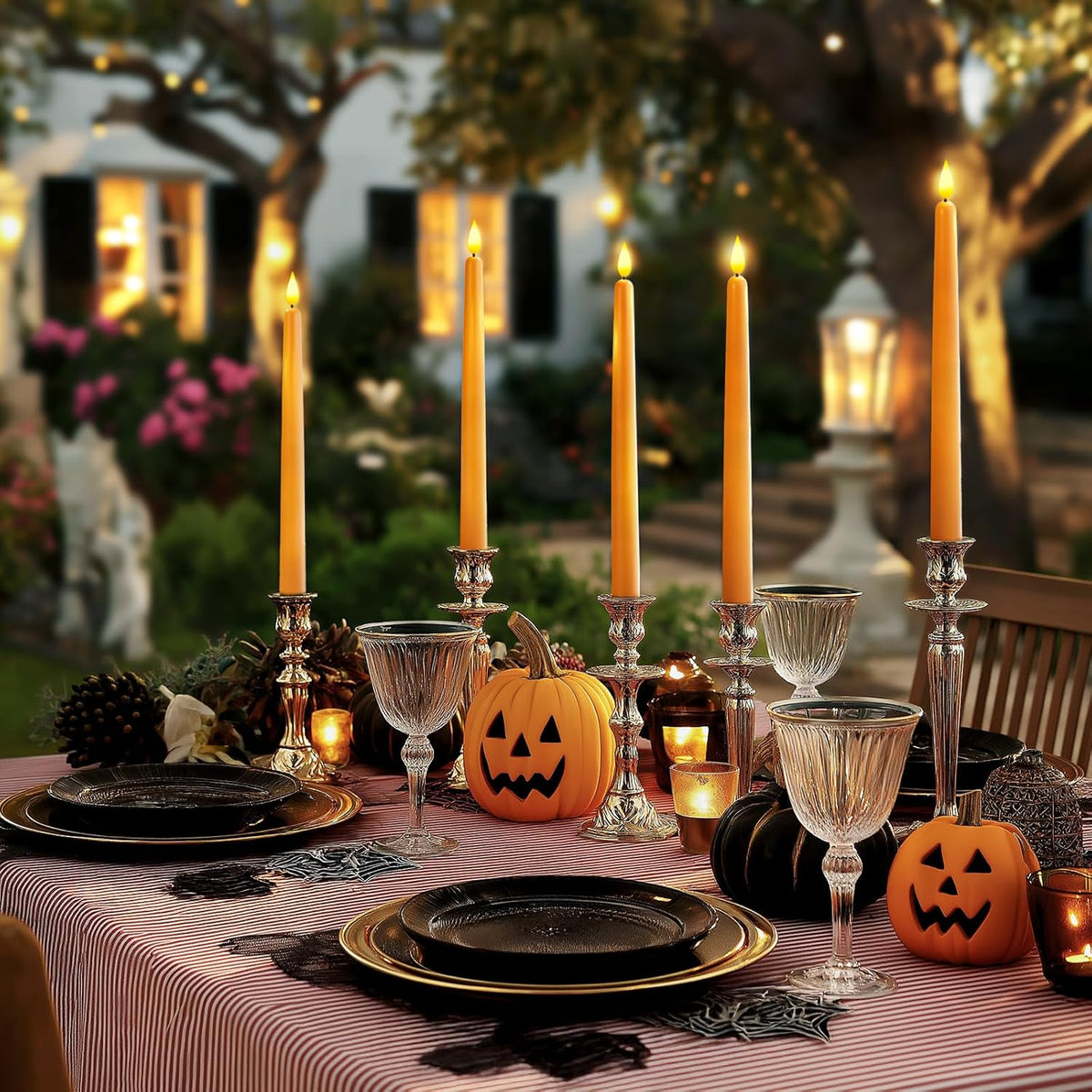 Homemory 12 Pcs Flameless Taper Candles with Remote Timer Dimmer, 11 inches Orange Taper Candles Battery Operated, Plastic LED Candlesticks with Flickering Flame for Halloween Decoration