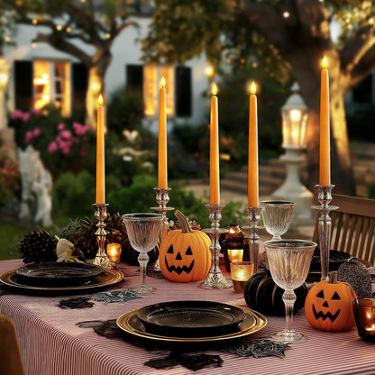 Homemory 12 Pcs Flameless Taper Candles with Remote Timer Dimmer, 11 inches Orange Taper Candles Battery Operated, Plastic LED Candlesticks with Flickering Flame for Halloween Decoration