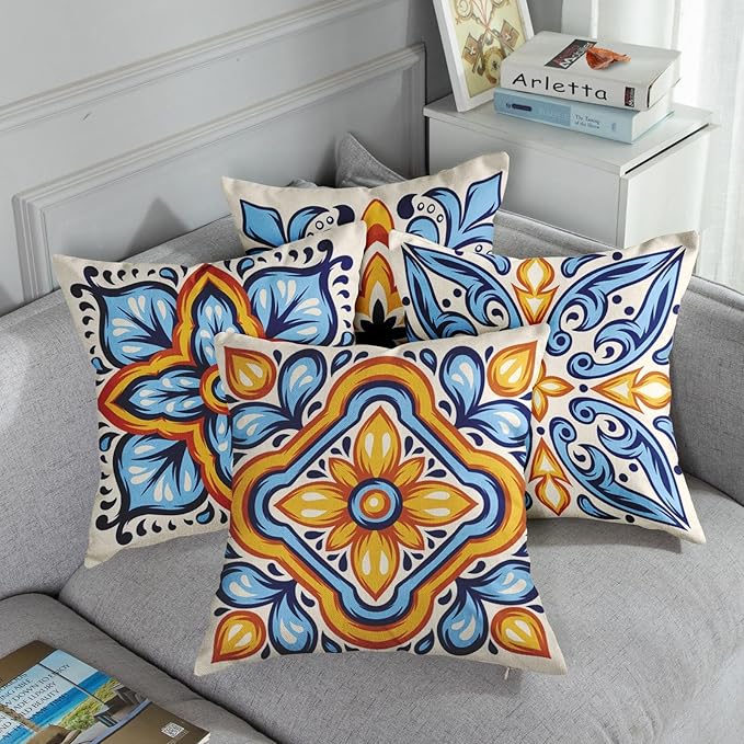 Sanwarm Throw Pillow Covers Home Decor Set of 4 Italian Mexican Ceramic - Image 5