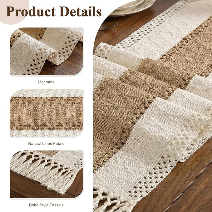Boho Macrame Table Runner with Tassels Farmhouse Rustic Dining Woven Table - Image 2