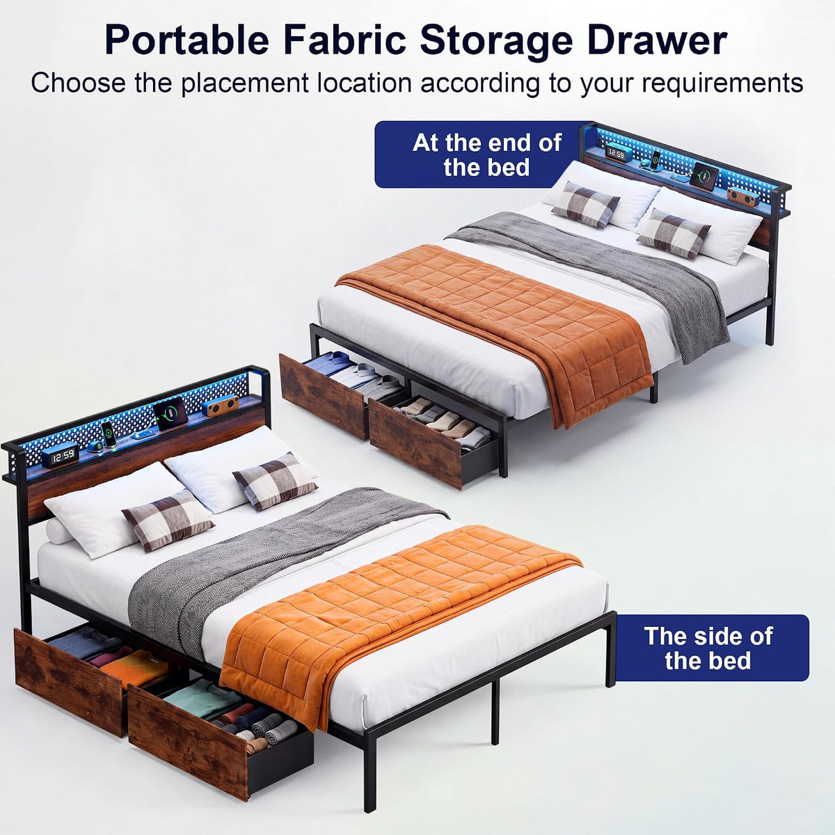 queen bed frame with 2 drawers, platform bed showing dimensions