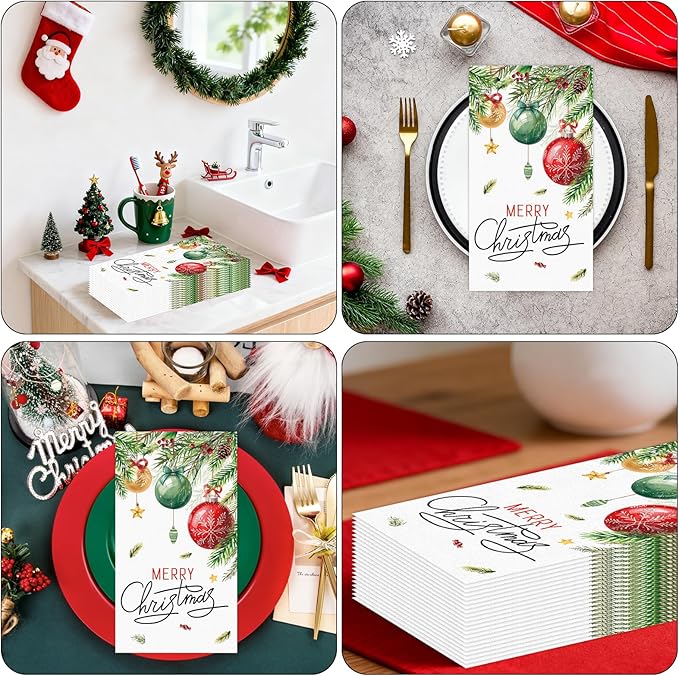 100 PCS Christmas Paper Napkins, Disposable Xmas Ornament Bathroom Guest Hand - Image 7