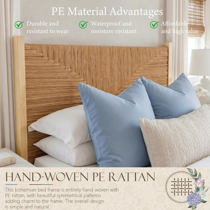 yechen solid wood rattan king bed frame with, side view