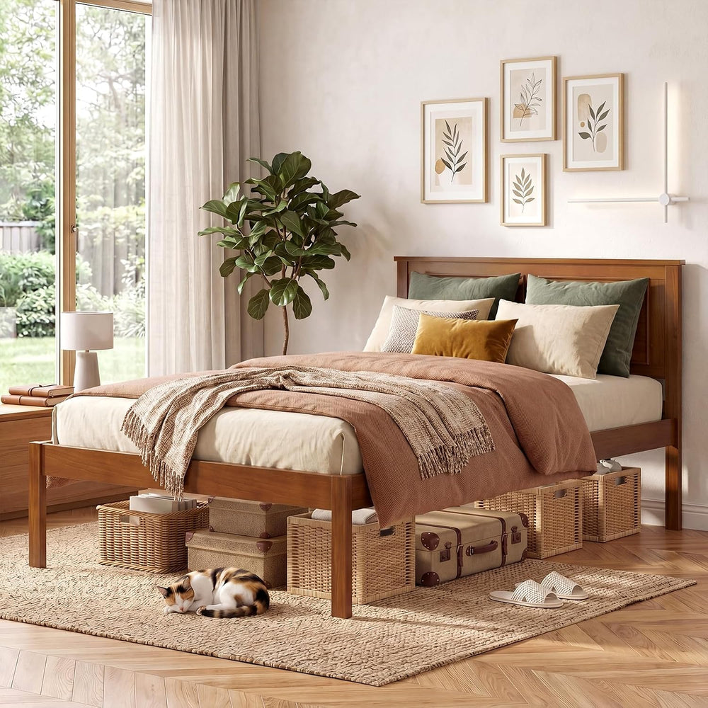 KOMFOTT Twin Size Bed Frame, Farmhouse Wooden Platform Bed with Headboard