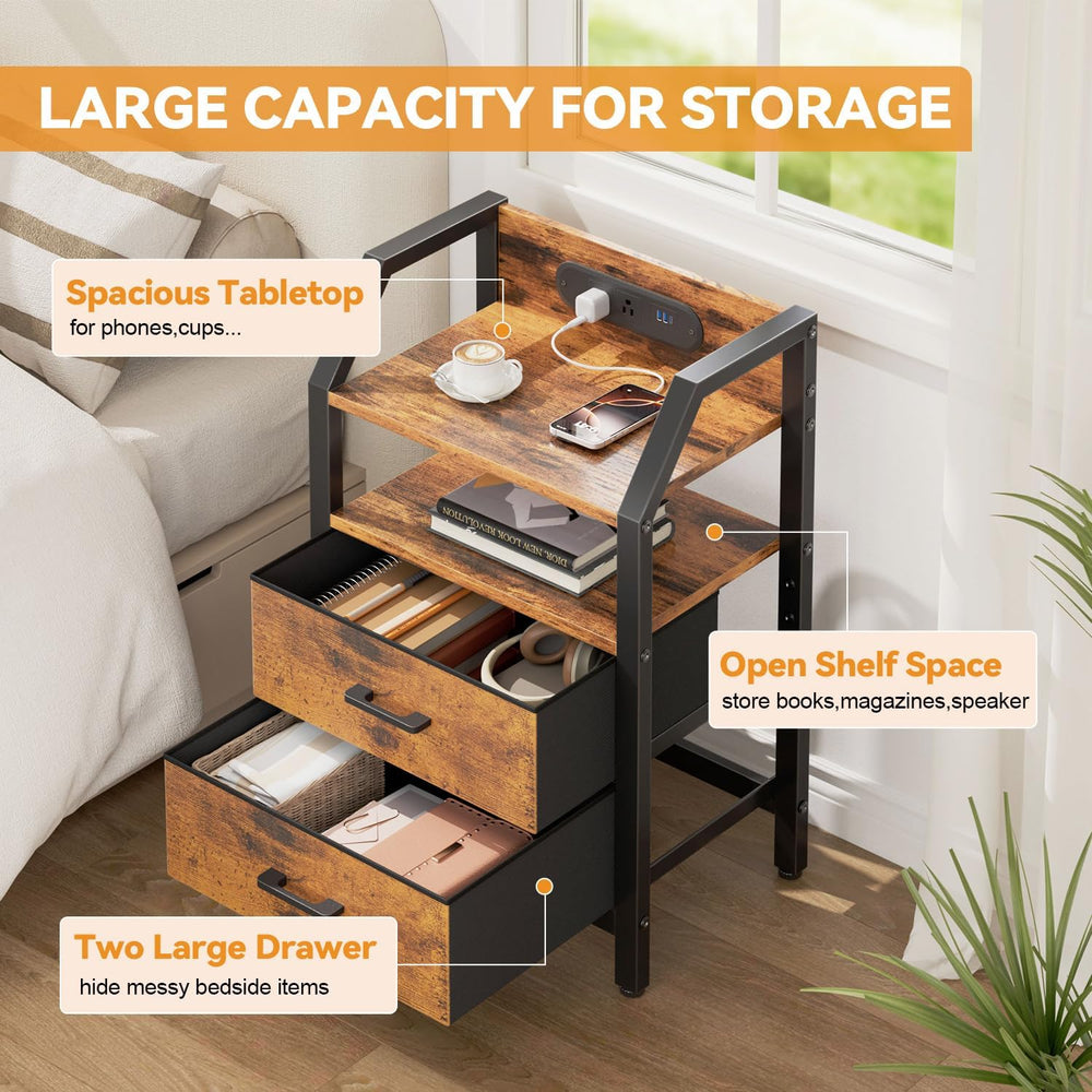 HLDIRECT Nightstand with Built-in Charging Station & Warm LED Light