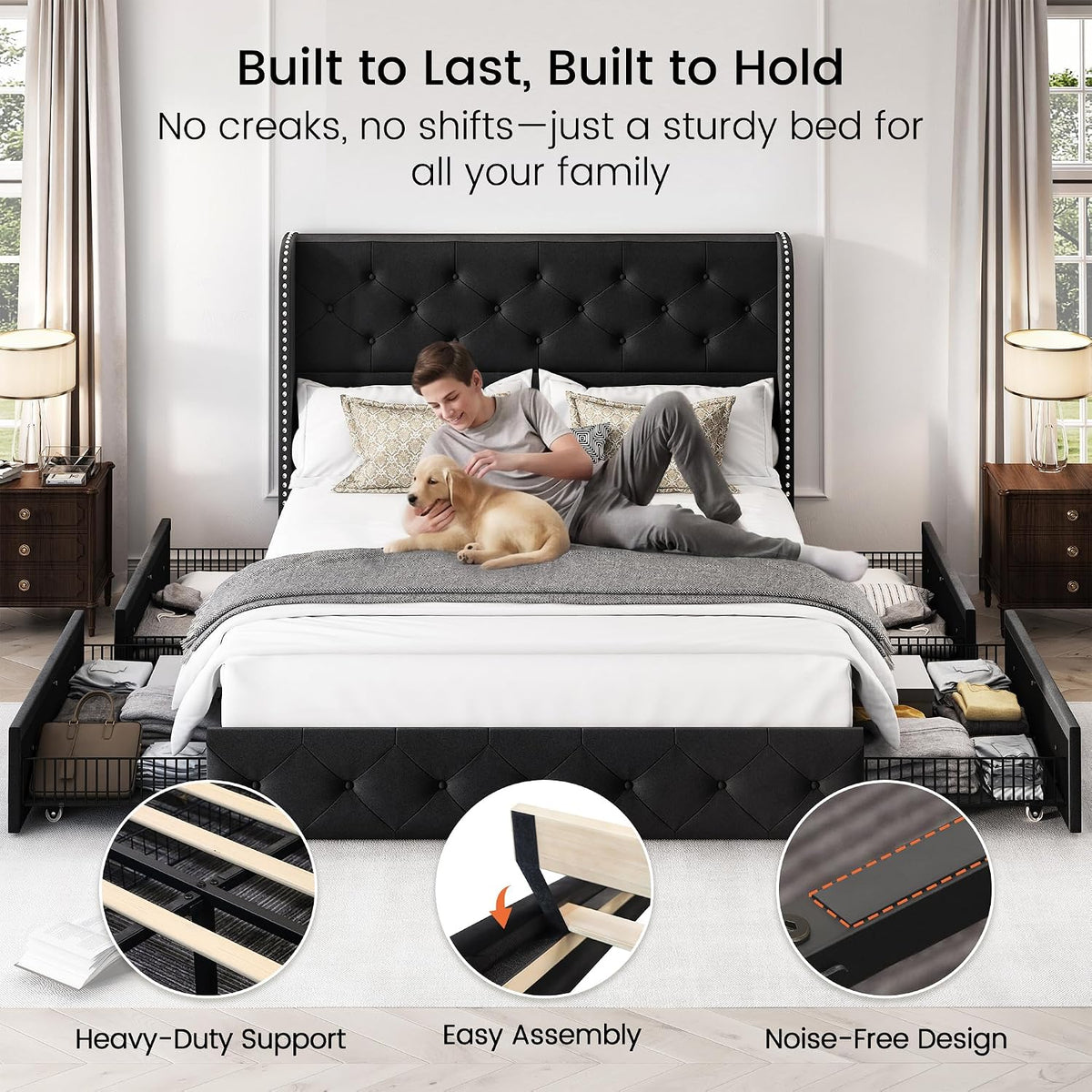 larmace full size bed frame with 4 storage on a desk or shelf