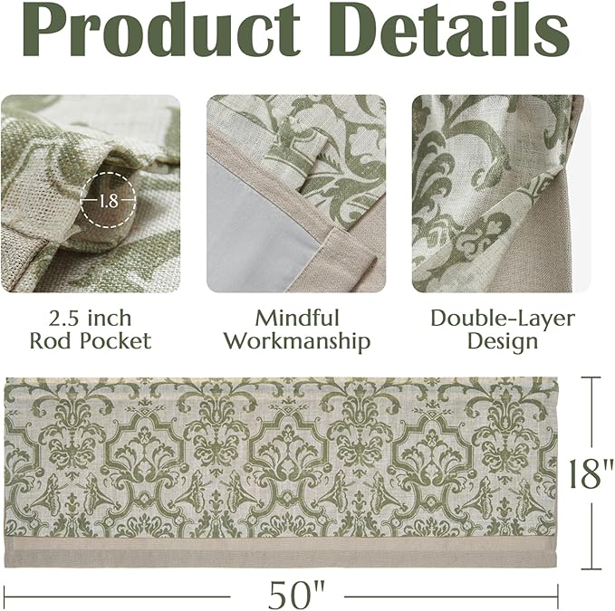 jinchan Linen Valance Curtain for Kitchen Vintage Damask Floral Blackout - Image 6