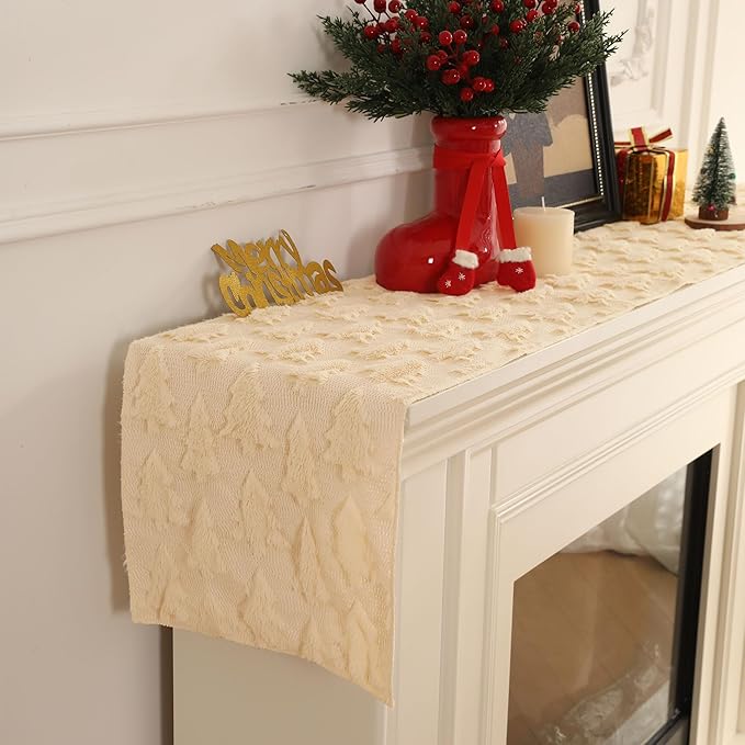 Christmas Tbale Runner 13x72 Inch Soft Plush Faux Fur Jacquard Beige Big Small - Image 4