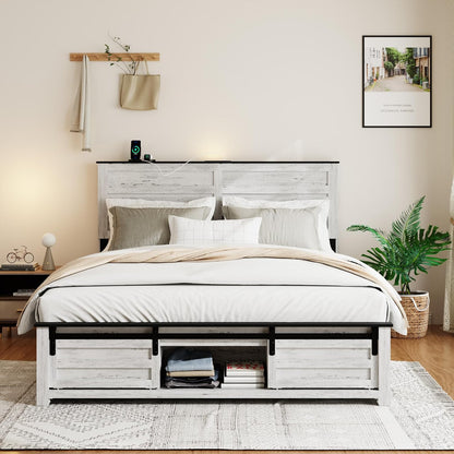 wooden full bed frame with headboard, farmhouse storage, close-up detail