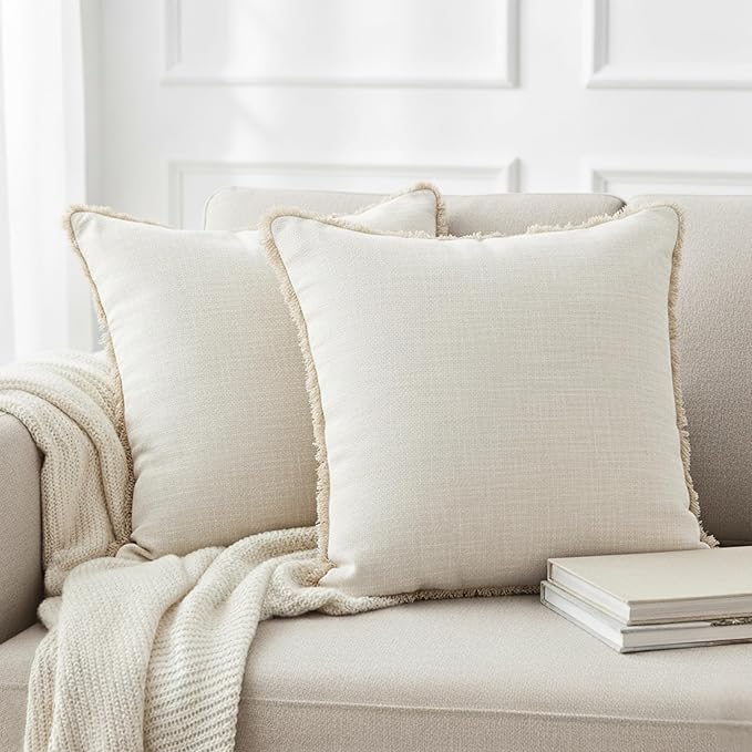 18×18 Ivory White Decorative Fringe Cotton Pillow Covers Boho Farmhouse Throw by OveeshaHomeDecor