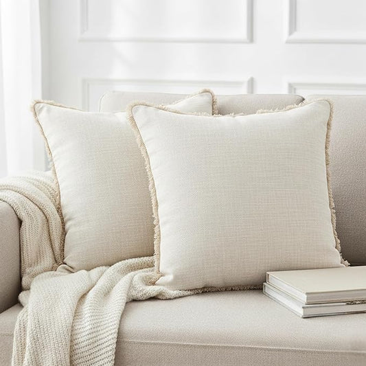 16×16 Cream White Decorative Fringe Cotton Throw Pillow Covers Boho Farmhouse by OveeshaHomeDecor