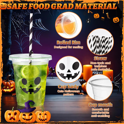 12oz Halloween Disposable Plastic Cups with Lids and Straws
