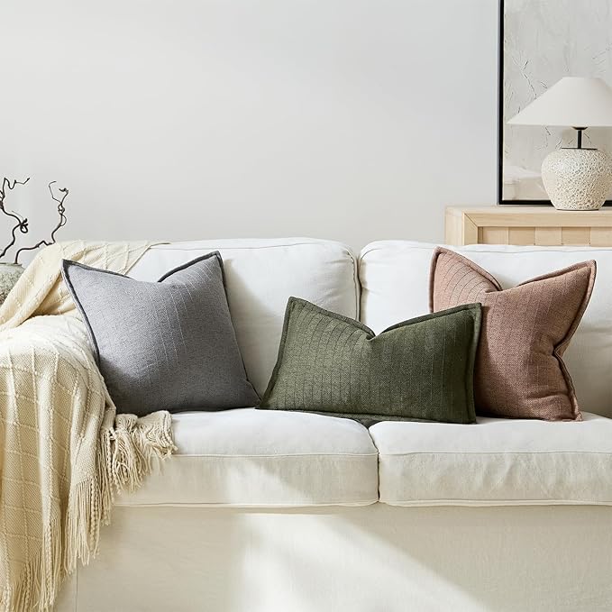 20x20 Linen Pillow Covers Grey Pack of 2 Farmhouse Boho Neutral Accents Striped - Image 4