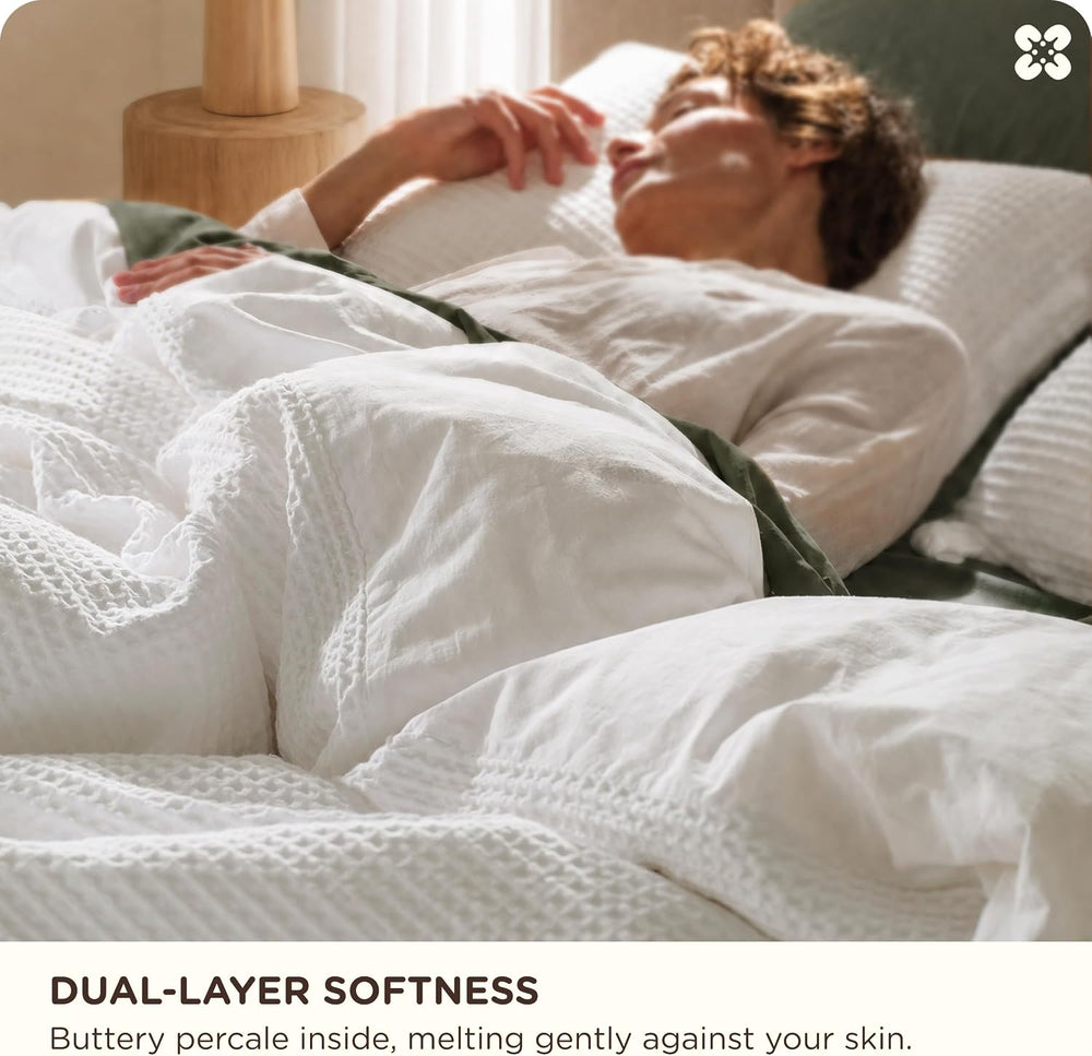 Bedsure PureWoven 3 Pieces 100% Cotton Waffle Duvet Cover Set, King, White