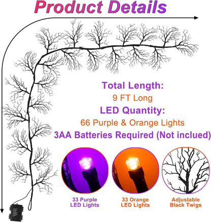 9 FT 66 LED Willow Vine Twig Decor Black Halloween Garland with Orange Purple Lights, Timer 8 Modes Waterproof Battery Operated Indoor Halloween Decorations for Wall Fireplace Mantle Home Office Decor