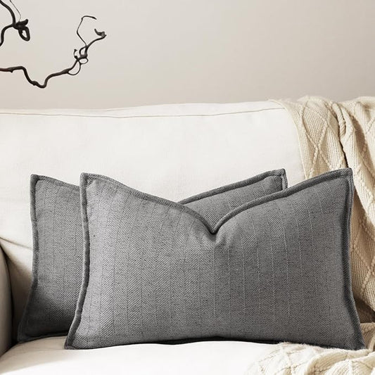 12x20 Linen Pillow Covers Grey Pack of 2 Farmhouse Boho Neutral Accents Striped by DEZENE