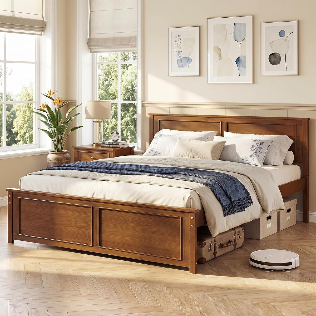 komfott queen size bed frame, farmhouse wooden platform, side view