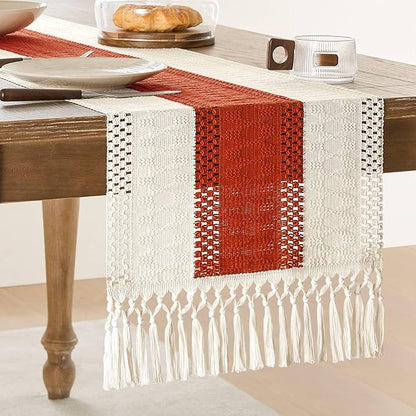 ZeeMart Macrame Style Bicolor Stitching Table Runner, 14 x 90 Inch Orange/Ivory by ZEEMARTONLINE