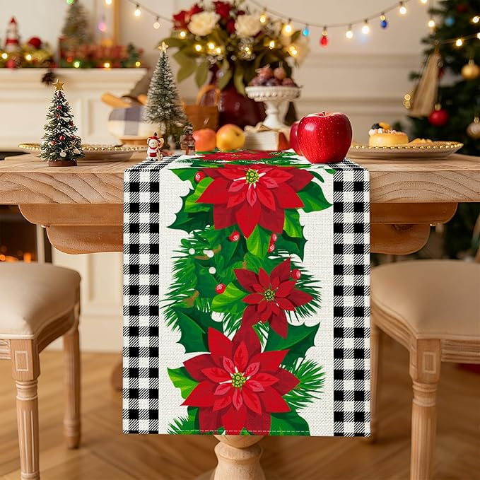 OTOSTAR Black and White Buffalo Check Plaid Holly Christmas Flowers Table Runner - Image 2