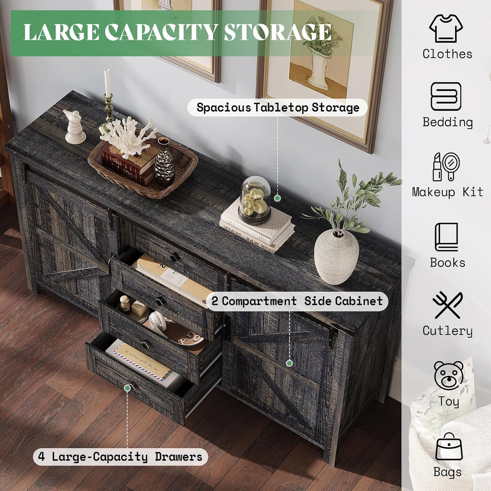 AMERLIFE 60" Farmhouse 4-Drawer Dresser with Barn Doors, Black Oak