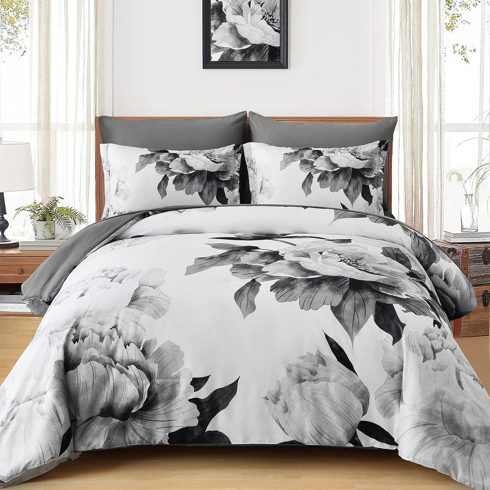 Dobuyly Grey Queen Comforter Set 7 Piece Bed in a Bag, Gray Floral Printed on...