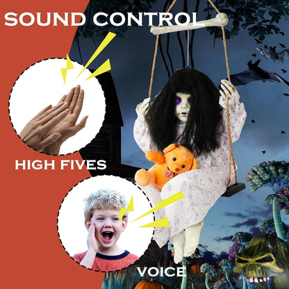Hourleey Halloween Decorations Outdoor, Hanging Swinging Girl Doll Sound Activated with Lighted Eyes Creepy Sound, Animatronics Halloween Decor for Indoor Trees Party Garden Haunted House Prop