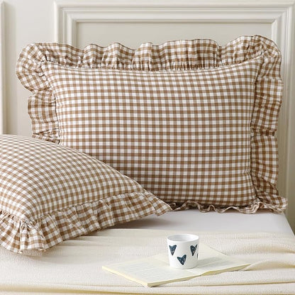 Aryeleay 2 Pack Taupe White Plaid Gingham Ruffle Pillow Shams King Size by Aryeleay