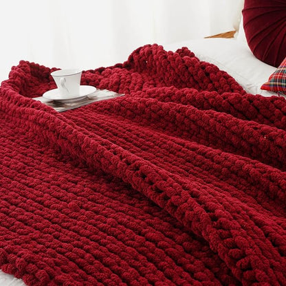 Battilo Chunky Knit Throw Blanket, Soft and Thick Red Chenille Throw Blanket - Image 4