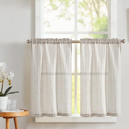 Vangao Stripe Farmhouse Kitchen Curtains 36 Inch Length Linen Cafe Curtains by Vangao