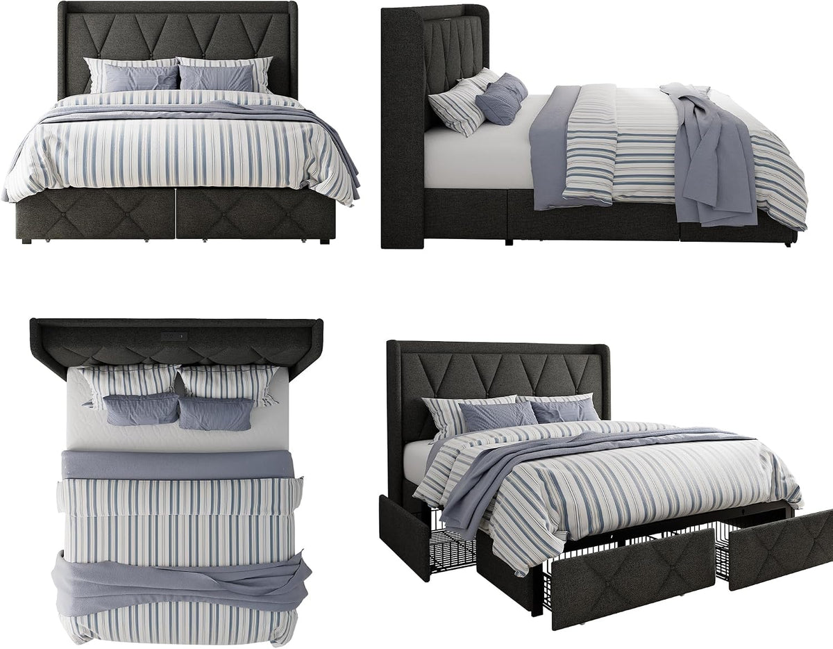 galnfu queen bed frame with 4 storage drawers, front angle view