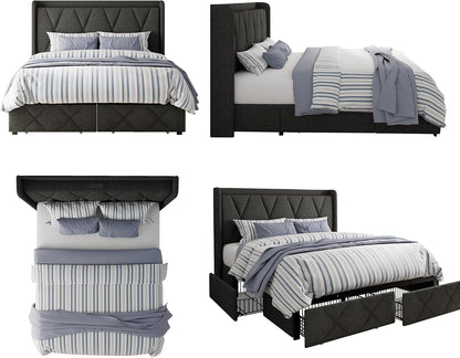 galnfu queen bed frame with 4 storage drawers, front angle view