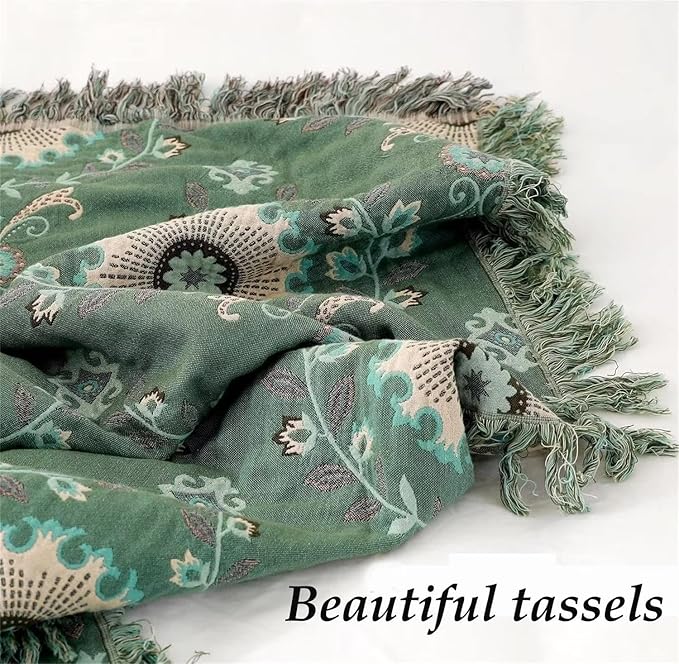MSGKV Boho Throw Blanket for Couch Bed 100% Cotton Blankets Woven Green Blanket - Image 2