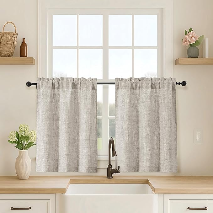 OVZME Kitchen Curtains 30 Inch Length, Light Filtering Faux Linen Textured by OVZME