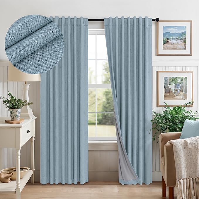 Light Blue Curtains for Bedroom 63 Inch Length 2 Panels Neutral Linen Textured by Pitalk