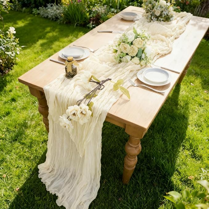 BALCONY & FALCON Beige Cheesecloth Table Runner 10FT 120 Inch Rustic & Boho - Image 4